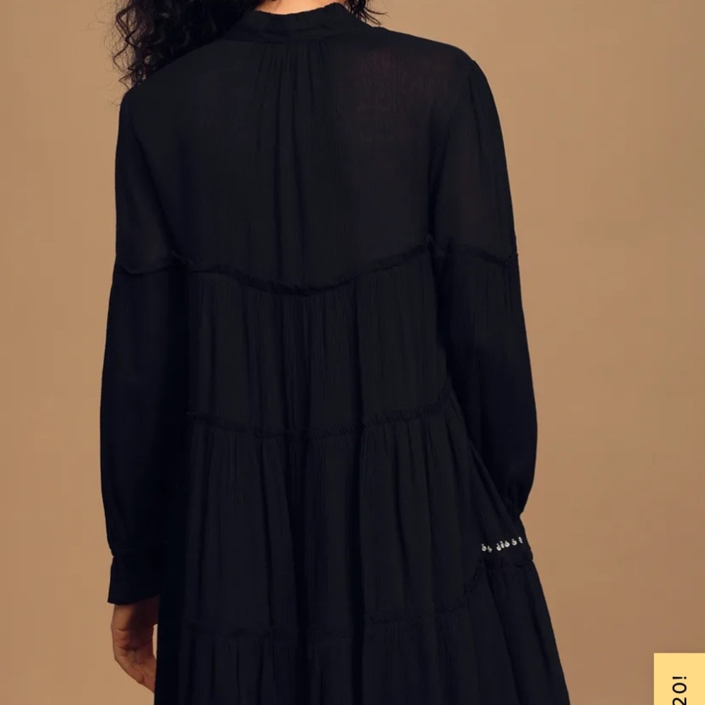 Lulu’s Make Some Waves Black Tiered Long Sleeve Boho Swing Dress Size Small - Picture 4 of 16